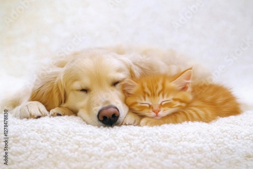 Orange kitten and golden retriever puppy cuddle together. Lovely dog and cat sleep. Perfect concept for pet supply , baby product, indoor advertising.