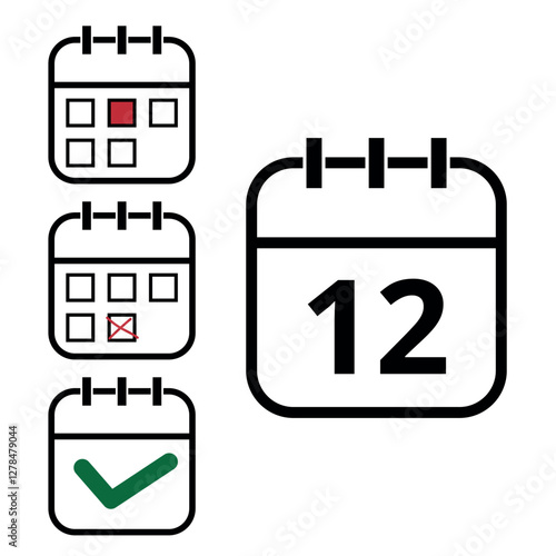 Calendar icons with different hollow shapes isolated on transparent background for websites and graphic resources. Calendar with specific day marked, day 12.