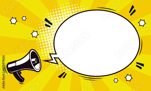 empty or blank white comic speech bubble or shout ballon with megaphone in trendy retro pop art style in front of ray background in wide screen format. Vector illustration.