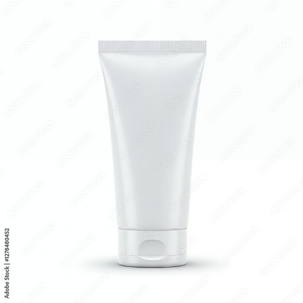 A plain white tube of cream or lotion with a flip-top cap, set against a clean white background. A plain white tube of cream or lotion with a flip-top cap, set against a clean white background.