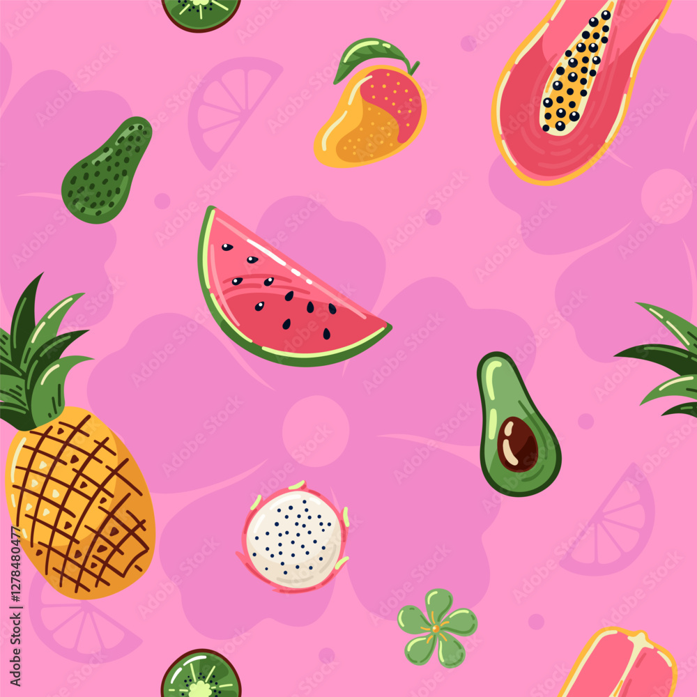 Summer pattern with exotic fruits on tropical background. Bright vector seamless pattern for summer textiles Summer pattern with exotic fruits on tropical background. Bright vector seamless pattern for summer textiles