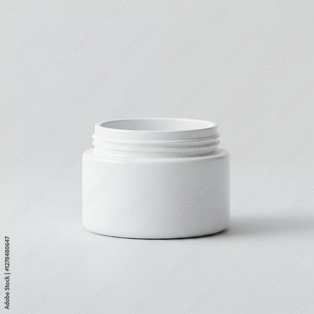 A white, round cosmetic jar with a screw-on lid, sitting on a light gray surface against a plain background. A white, round cosmetic jar with a screw-on lid, sitting on a light gray surface against a plain background.