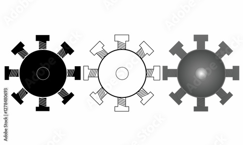 Salient pole rotor or rotary engine vector illustration in three styles: outline, solid, and gradient. Ideal for electrical machines, generators, motors, and industrial engineering designs.