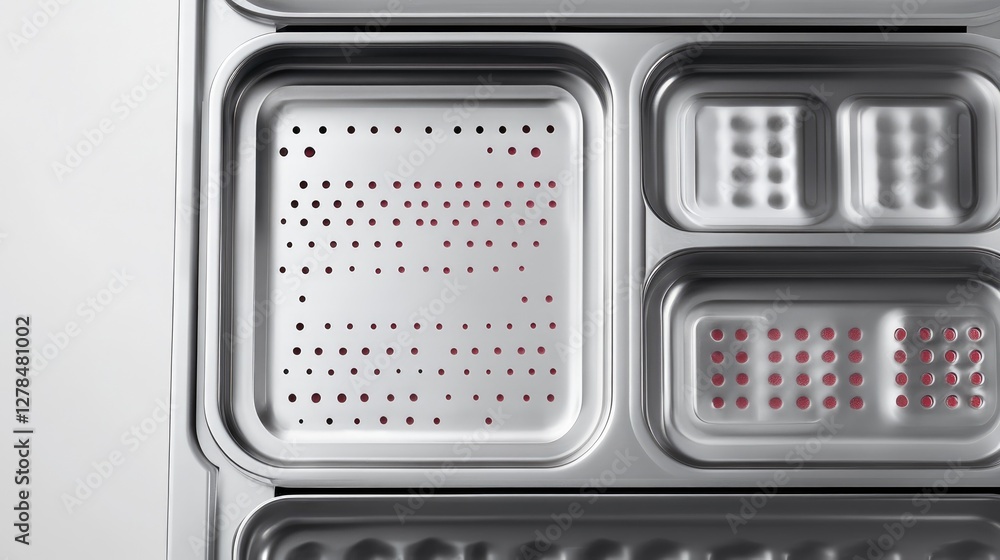 Top-down view of a tray washing system with modular compartments for washing, rinsing, and drying. Top-down view of a tray washing system with modular compartments for washing, rinsing, and drying.