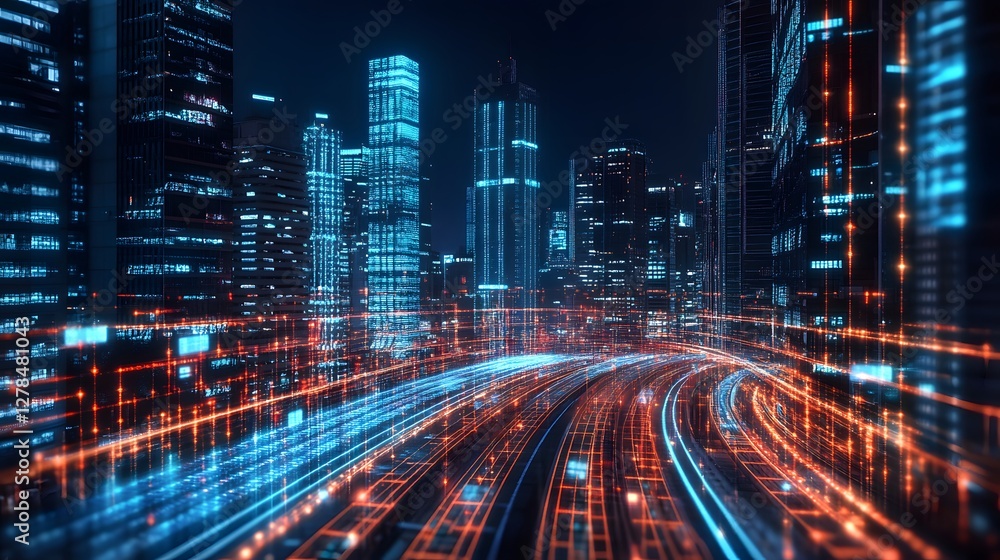 a futuristic cityscape with glowing lines, reflecting technological advancement and modern urban infrastructure a futuristic cityscape with glowing lines, reflecting technological advancement and modern urban infrastructure