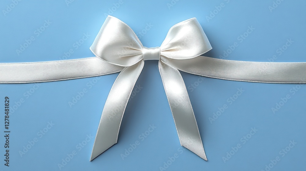 Elegant ivory ribbon bow on light blue background Elegant ivory ribbon bow on light blue background