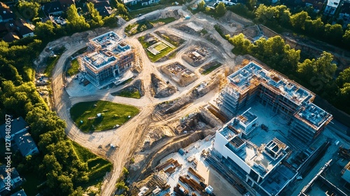 A suburban office park under construction with landscaped gardens and eco-friendly structures