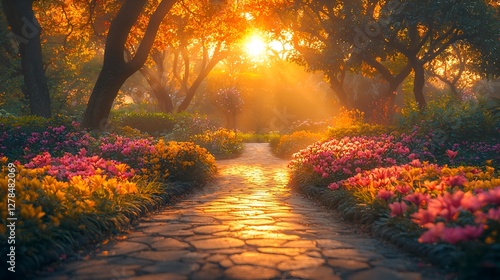 Sunny park path, flowers, morning light, perfect background for tranquility, stock photo photo