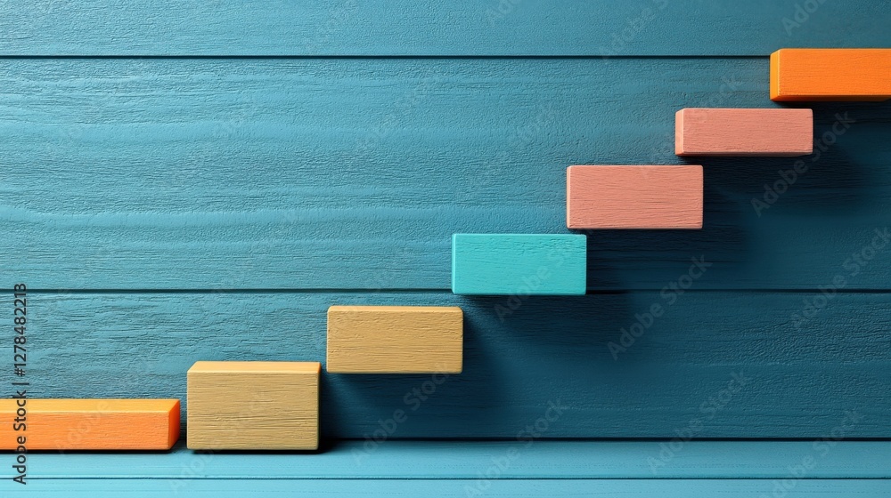 Colorful wooden blocks arranged as a staircase against a blue wooden background Colorful wooden blocks arranged as a staircase against a blue wooden background