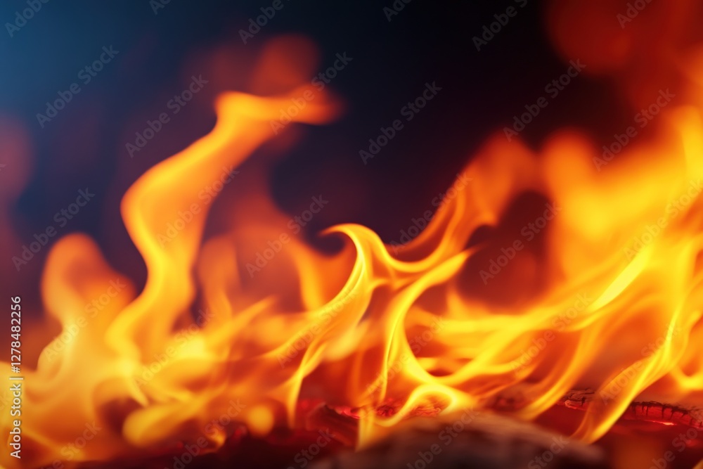 Fiery flames dance in dark hearth, background blurred Fiery flames dance in dark hearth, background blurred