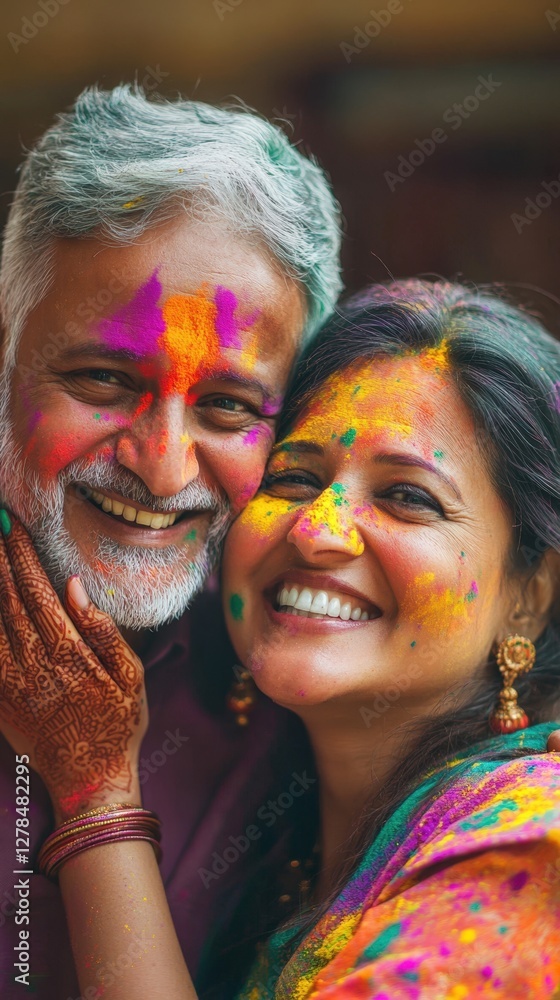 Obraz premium Happy Indian Couple Celebrating Holi Festival with Color Powder (Gulal) Photo.Fictional Character Created By Generative AI