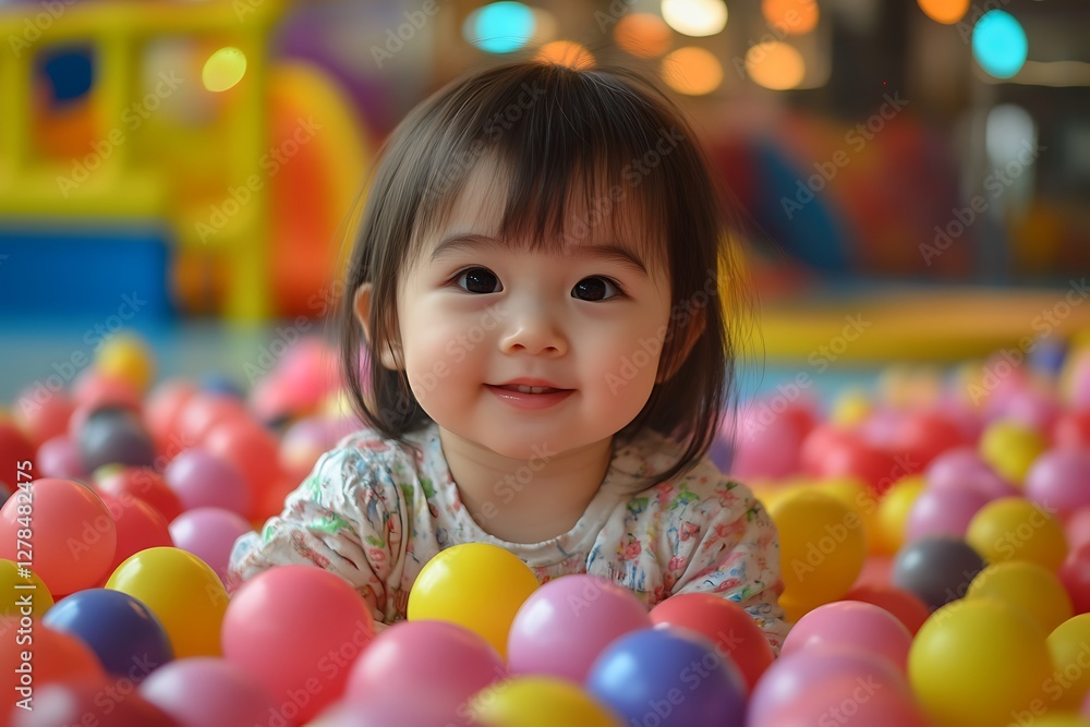 Obraz premium Baby girl smiles in ball pit play area