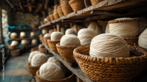 Rustic workshop yarn balls in baskets