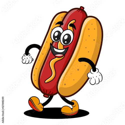 Vector illustration of a funny cartoon hot dog mascot in a retro rubber hose style. Cheerful fast food character with mustard and lettuce, walking confidently.