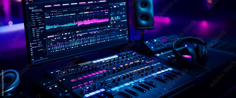 Synthesizer and mixing equipment bathed in neon light for music creation Synthesizer and mixing equipment bathed in neon light for music creation