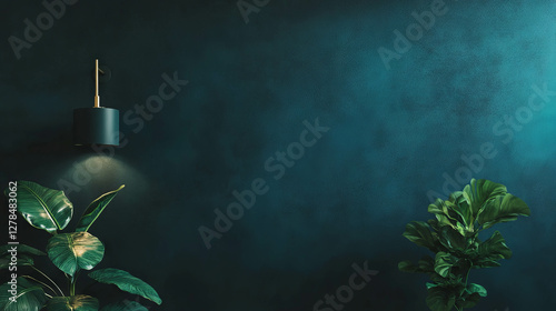 Elegant room interior with black wall texture and green foliage for modern design