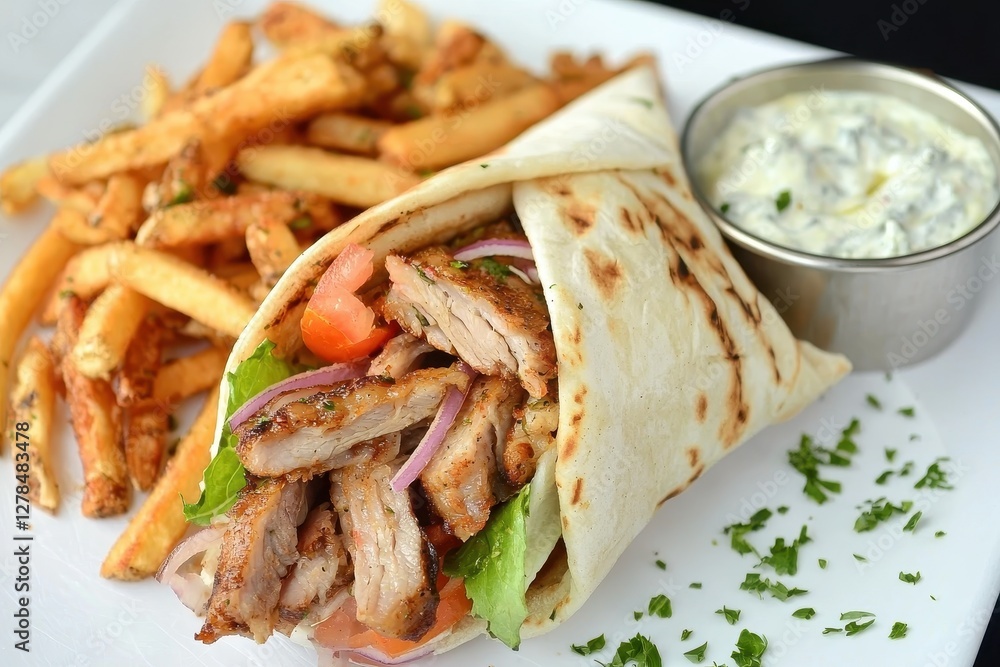 Gyros (Greece) A gyro sandwich wrapped in warm pita bread and filled with juicy slices of pork, tomatoes, red onions Gyros (Greece) A gyro sandwich wrapped in warm pita bread and filled with juicy slices of pork, tomatoes, red onions