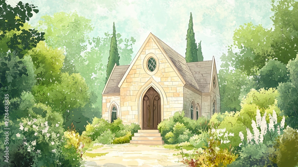 Quaint Stone Chapel Watercolor Painting with Gothic Features Quaint Stone Chapel Watercolor Painting with Gothic Features