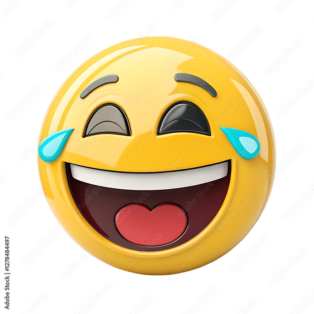 Fototapeta premium An eye catching 3d yellow laughing emoji illustration isolated on white background. A laughing emoji illustration with a big open mouth and tears from eyes. Most eye catching emoji for thumbnails.