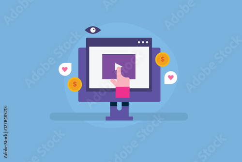 Video Content Marketing, Making money from content creation, Social media video content creator making money online. Video influencer concept. 