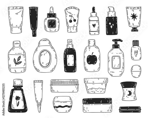 Set of bottles and tubes of cosmetics, jars for skin care. Face, hair and body cream doodles. Vector hand-drawn line illustrations on white background