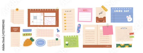 Cute blank papers, notes, stickers, tapes and pins set. Kids stationery for memos, reminders. Torn notepad pages, notebook sheets for writing. Flat vector illustration isolated on white background
