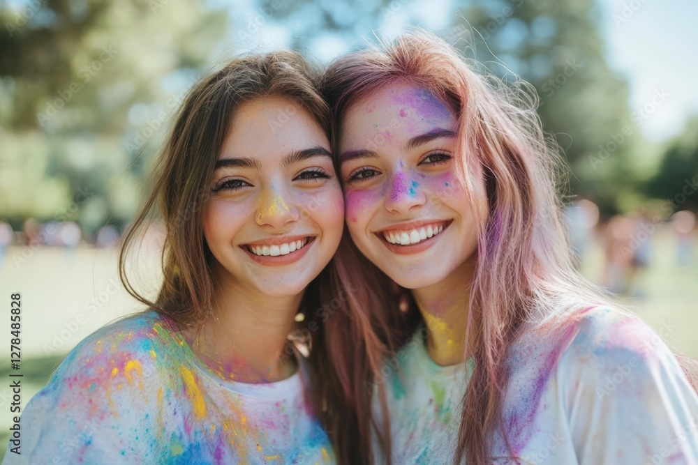 Obraz premium Happy Indian Sisters Celebrating Holi Festival and Posing for Photo.Fictional Character Created By Generative AI