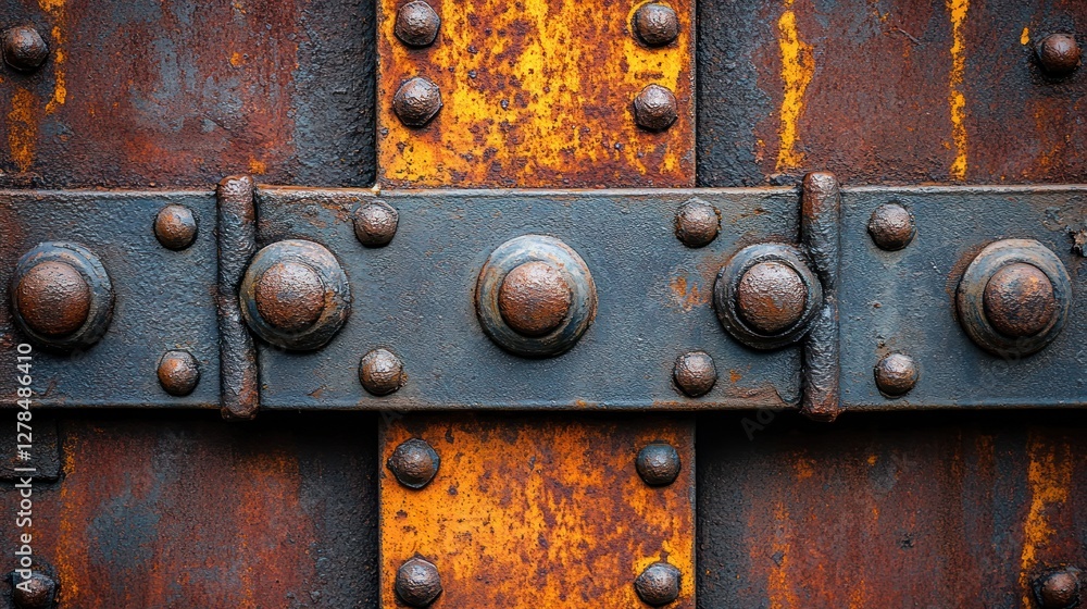 Rusty metal gate, rivets, texture, outdoors, industrial design Rusty metal gate, rivets, texture, outdoors, industrial design