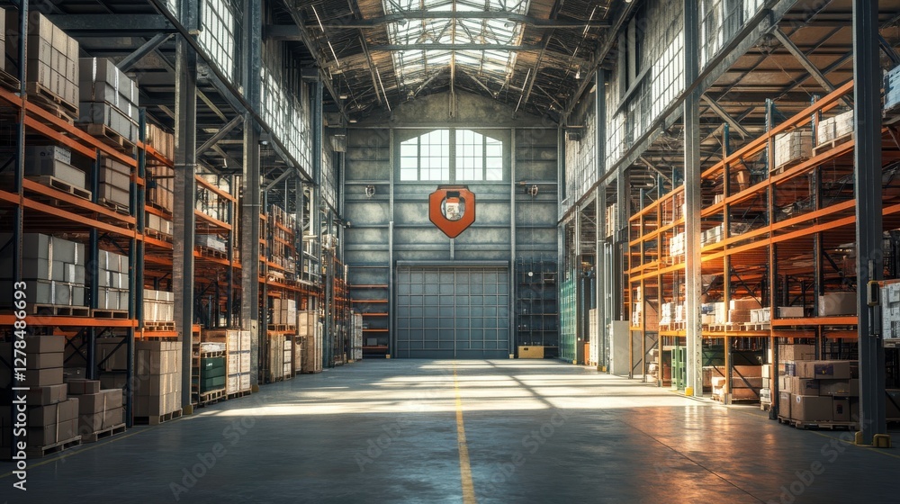 A spacious warehouse with high ceilings, organized shelves filled with boxes, and a large window, creating an industrial and efficient storage environment. A spacious warehouse with high ceilings, organized shelves filled with boxes, and a large window, creating an industrial and efficient storage environment.