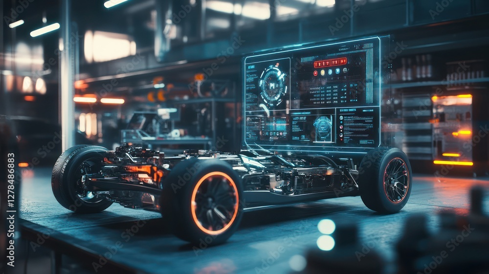 Fototapeta premium Futuristic car design, workshop display