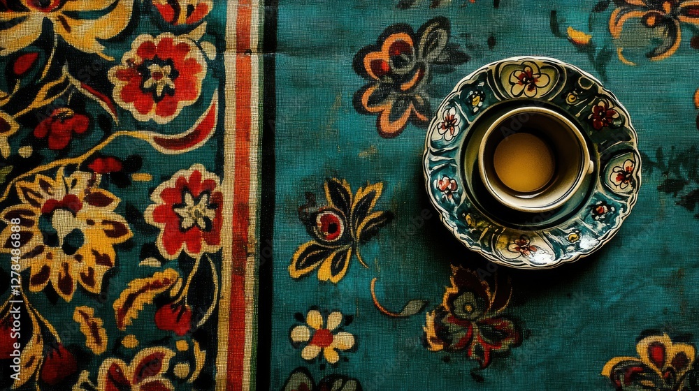 Ornate floral tablecloth with a cup of tea Ornate floral tablecloth with a cup of tea