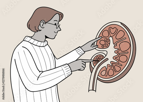 Person Pointing to a Kidney Illustration with a Thoughtful Expression for World Kidney Day