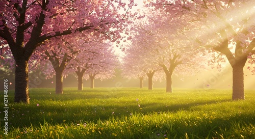 Paisaje primaveral sereno con flores florecientes y luz solar suave – Fondo de pantalla de escritorio