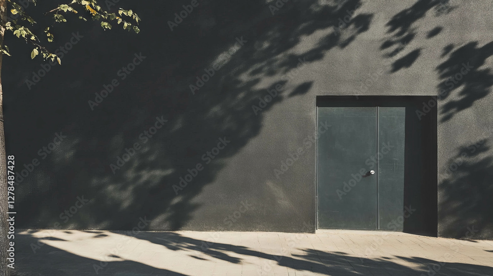 Mysterious jet black wall with dark door and subtle shadows for urban design Mysterious jet black wall with dark door and subtle shadows for urban design