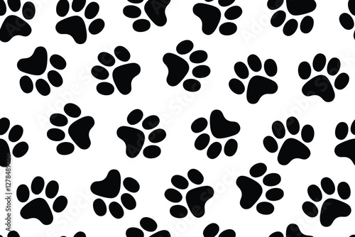 Black Paw Prints on White Background Seamless Vector Pattern