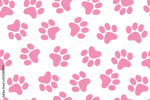 Pink Paw Prints on White Background Seamless Vector Pattern