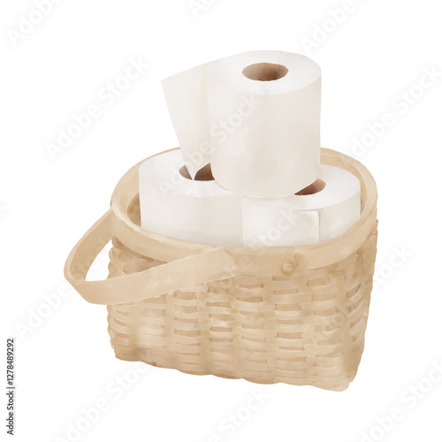 Wicker basket filled with toilet paper. Watercolor digital illustration. Home interior bag for storing things, painted on white background. Toilet room, bathroom and cleaning decor theme