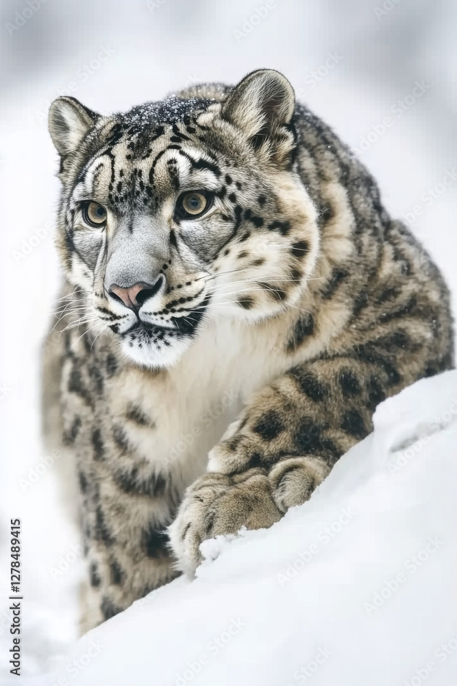 Snow leopard with thick fur, crouching on a white background, symbolizing stealth Snow leopard with thick fur, crouching on a white background, symbolizing stealth