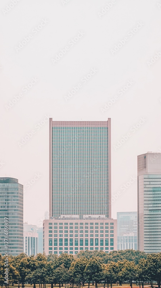 City skyline view with tall building, park trees in foreground. Possible use Stock photo City skyline view with tall building, park trees in foreground. Possible use Stock photo