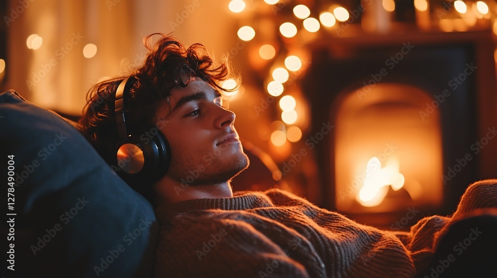 Fototapeta premium Relaxed young man listening to music by fireplace.