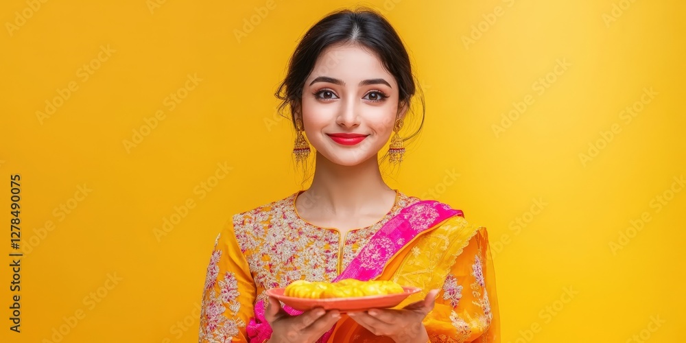 Young Indian Woman Holding a Plate of Food in Saree Photo.Fictional Character Created By Generative AI Young Indian Woman Holding a Plate of Food in Saree Photo.Fictional Character Created By Generative AI