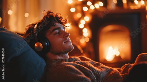 Relaxed young man listening to music by fireplace.