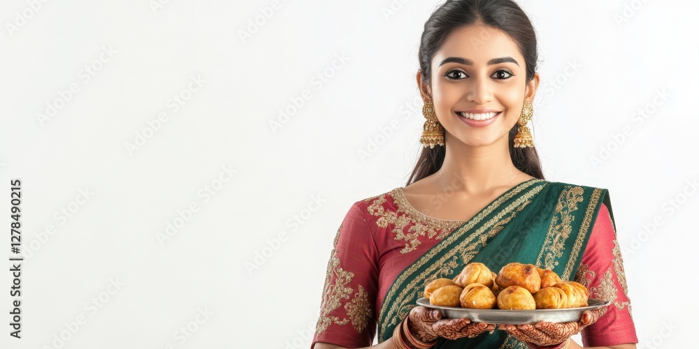 Young Indian Woman Holding a Plate of Food in Saree Photo.Fictional Character Created By Generative AI Young Indian Woman Holding a Plate of Food in Saree Photo.Fictional Character Created By Generative AI