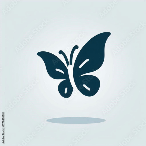 Black silhouette of a butterfly displayed on a light gradient background, conveying elegance, beauty, and simplicity through its modern iconographic style and design. photo