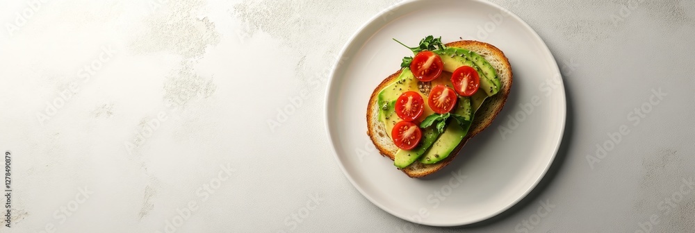 Fresh Avocado Toast on White Plate with Cherry Tomatoes and Greens Fresh Avocado Toast on White Plate with Cherry Tomatoes and Greens