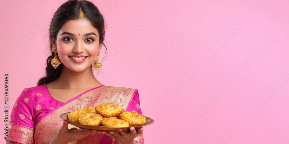Young Indian Woman Holding a Plate of Food in Saree Photo.Fictional Character Created By Generative AI Young Indian Woman Holding a Plate of Food in Saree Photo.Fictional Character Created By Generative AI