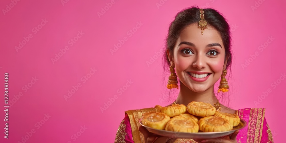 Young Indian Woman Holding a Plate of Food in Saree Photo.Fictional Character Created By Generative AI Young Indian Woman Holding a Plate of Food in Saree Photo.Fictional Character Created By Generative AI