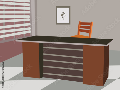 modern office interior. A desk with a chair behind  it. The chair is brown and the desk is black