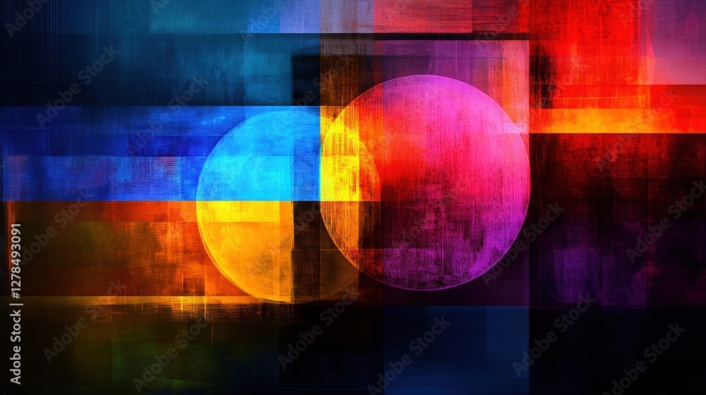 Naklejka premium Abstract vibrant circles overlap geometric shapes, digital art background, website banner
