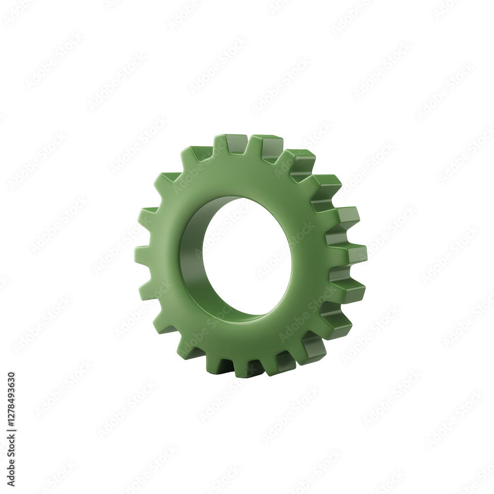 Green gear icon with three dimensional appearance and rotating motion effect in glossy finish Green gear icon with three dimensional appearance and rotating motion effect in glossy finish